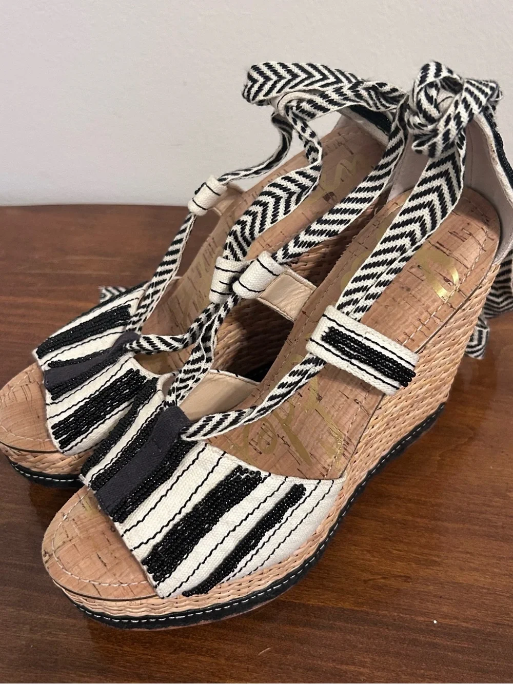 Sam Edelman Trey Black White Beaded Espadrille Wedge Platform Sandals size 8